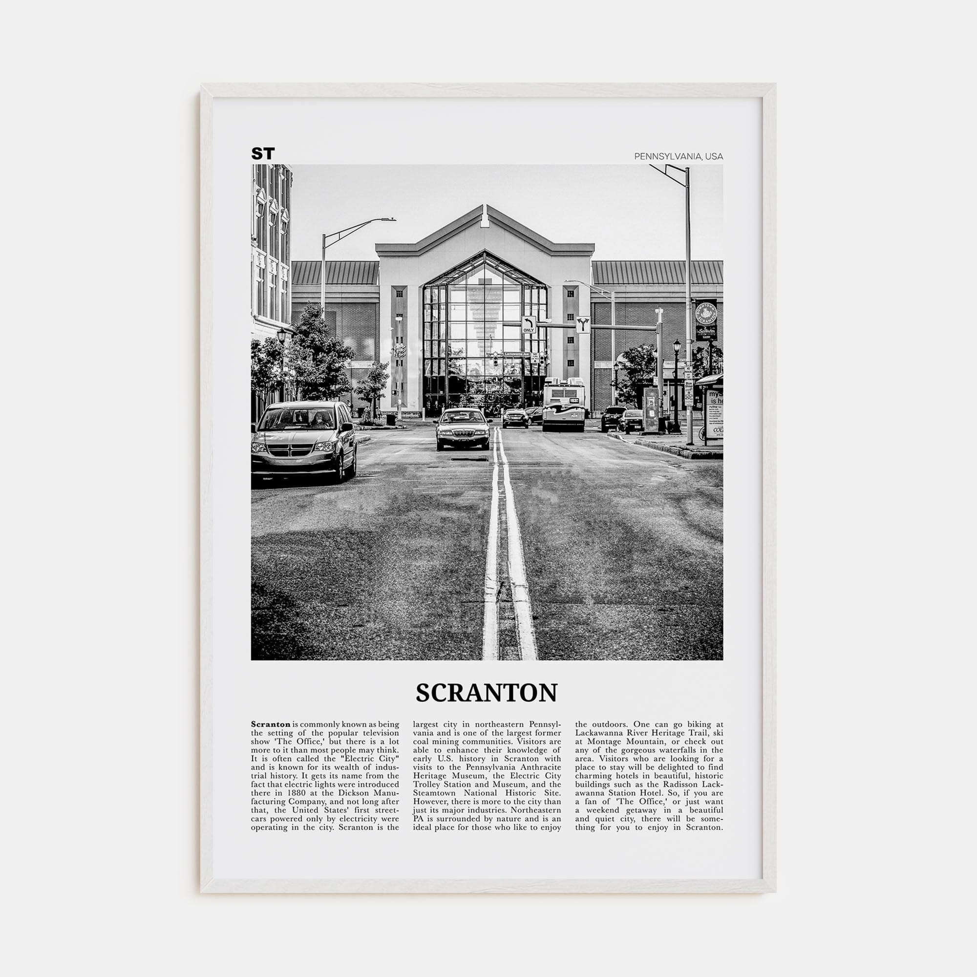 Scranton No 2 Poster White Wood / 8x12 in Nbourhood Travel B&W Poster