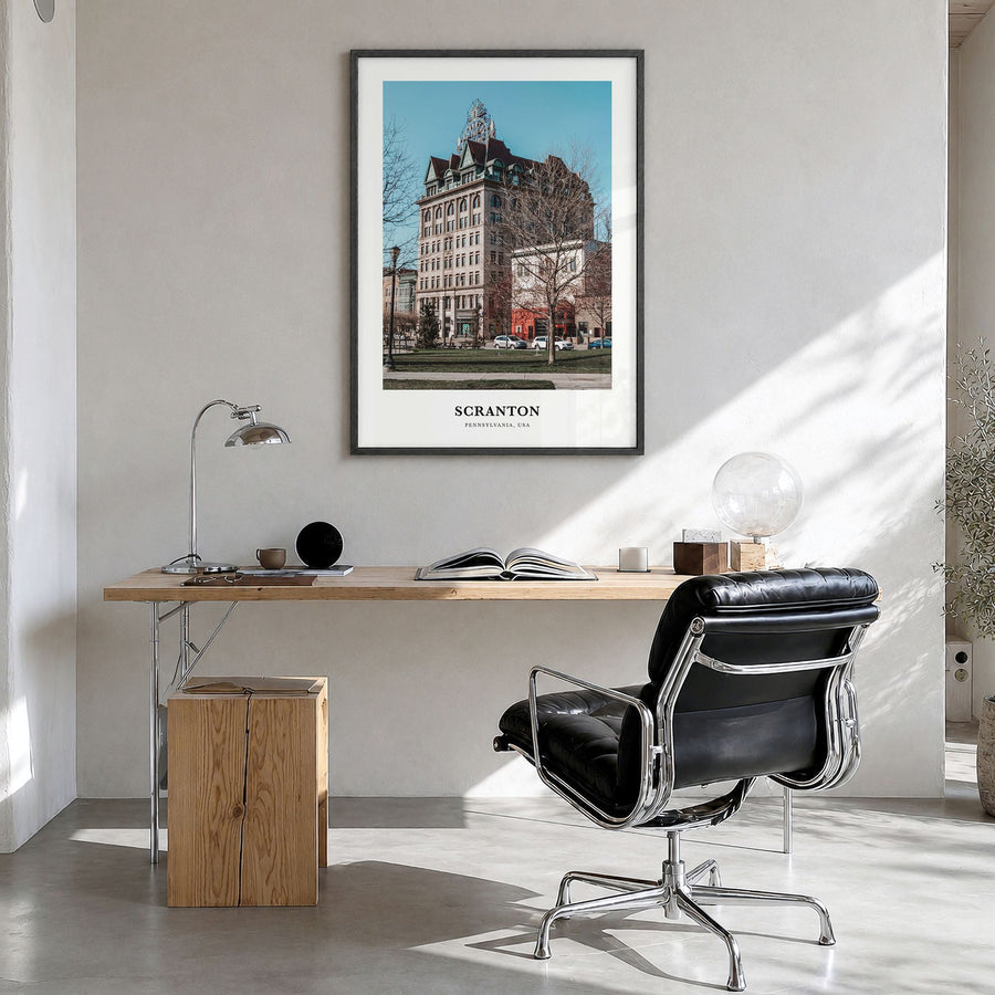 Scranton Classic Poster in a black wood frame, hanging in a bright home office