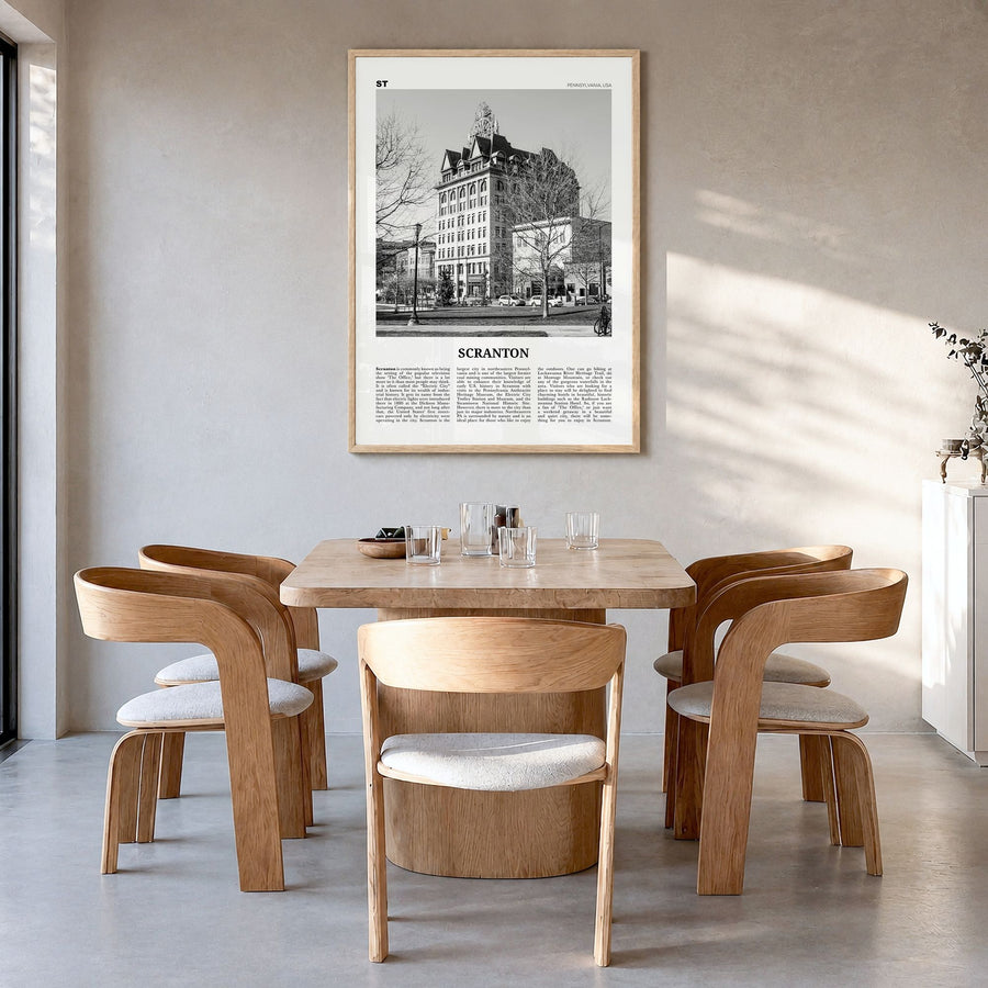 Scranton Newspaper No 1 Poster in a natural wood frame, hanging in a dining room
