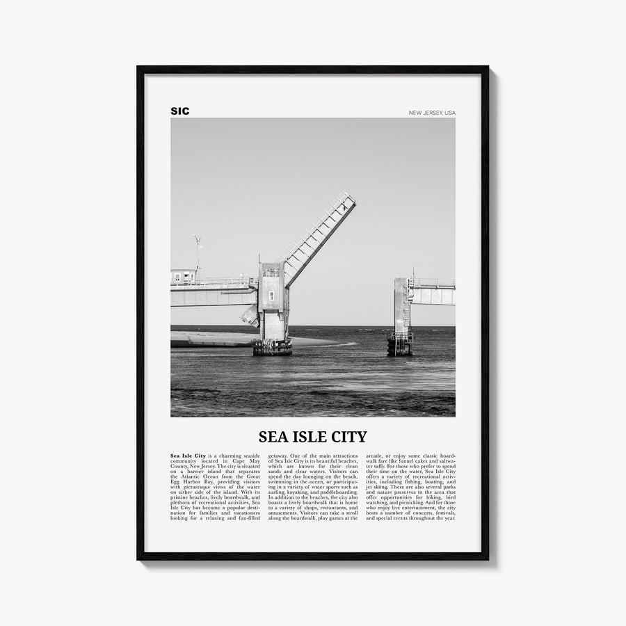 Sea Isle City black & white newspaper poster of New Jersey, USA – vertical wall art, unframed print shown in interior mockup