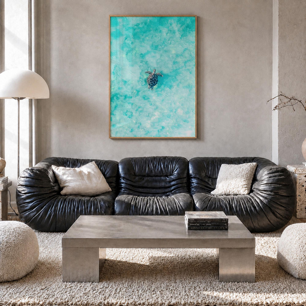 Sea Turtle no. 1 colorful photo poster – vertical wall art in natural wood frame, hanging on wall