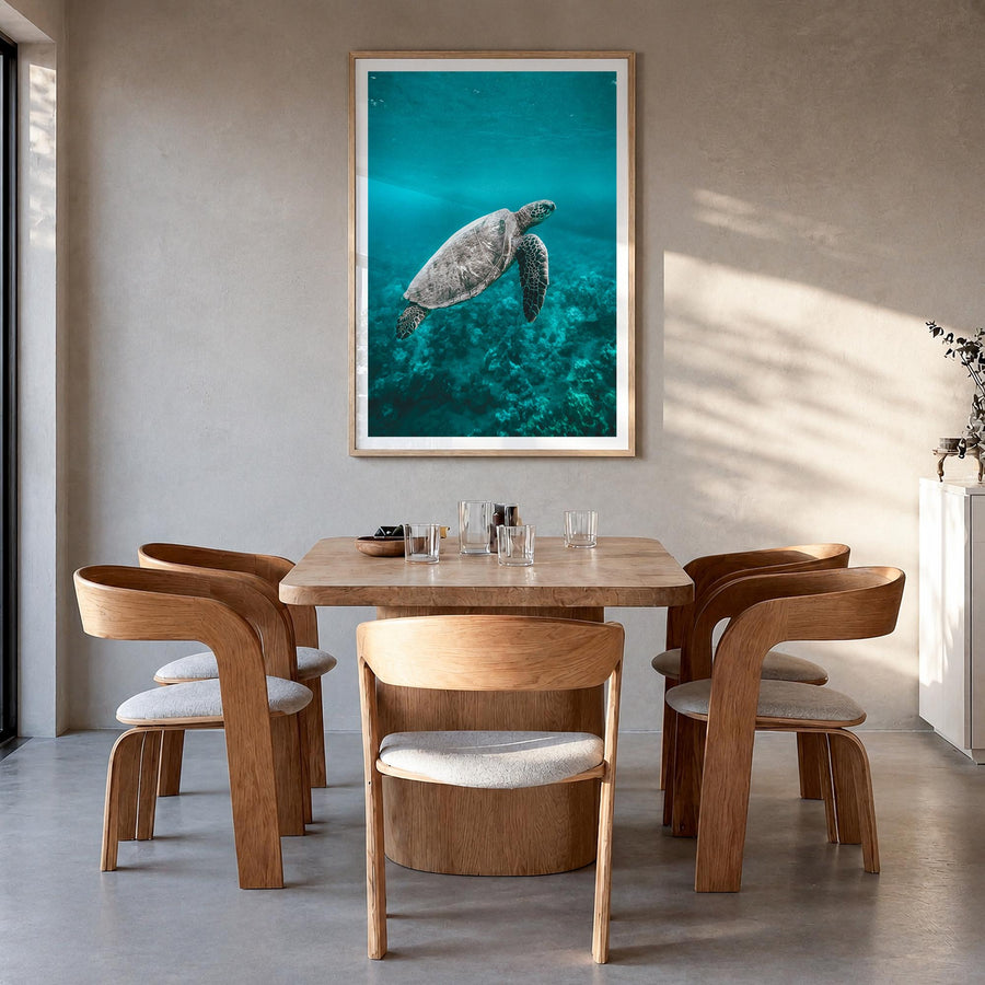 Sea Turtle no. 2 colorful photo poster – vertical wall art in natural wood frame with white border, hanging on wall