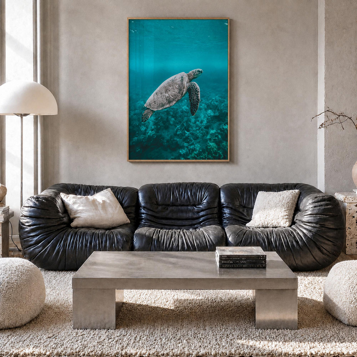 Sea Turtle no. 2 colorful photo poster – vertical wall art in natural wood frame, hanging on wall