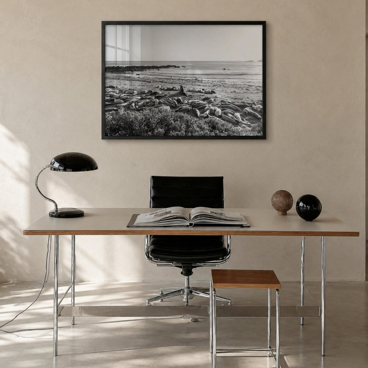 Seal Beach black & white photo poster of California, USA – horizontal wall art in black wood frame, hanging on wall