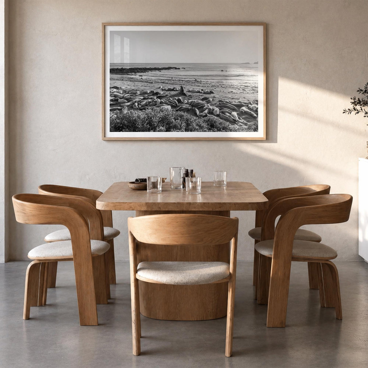 Seal Beach black & white photo poster of California, USA – horizontal wall art in natural wood frame with white border, hangi