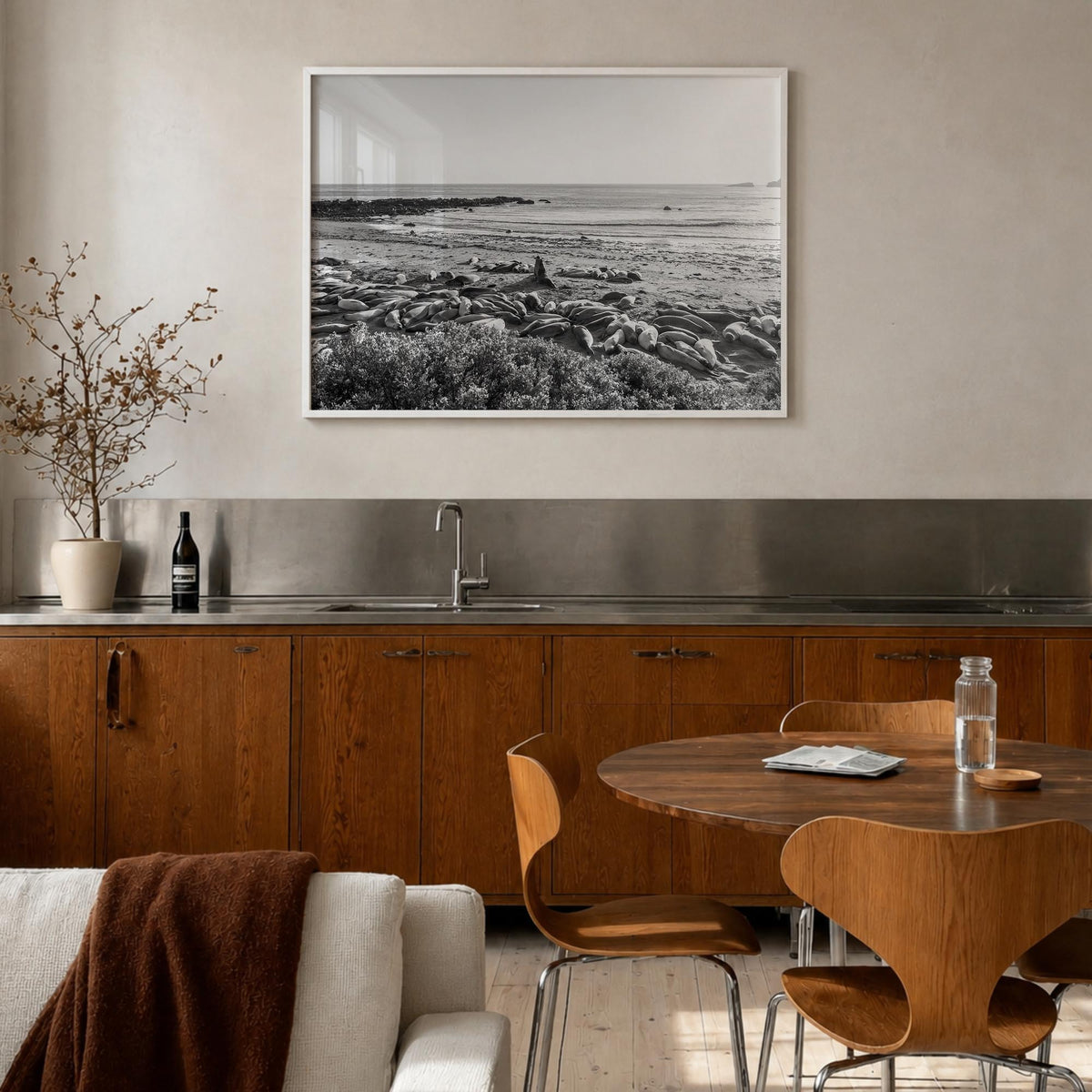 Seal Beach black & white photo poster of California, USA – horizontal wall art in white wood frame, hanging on wall