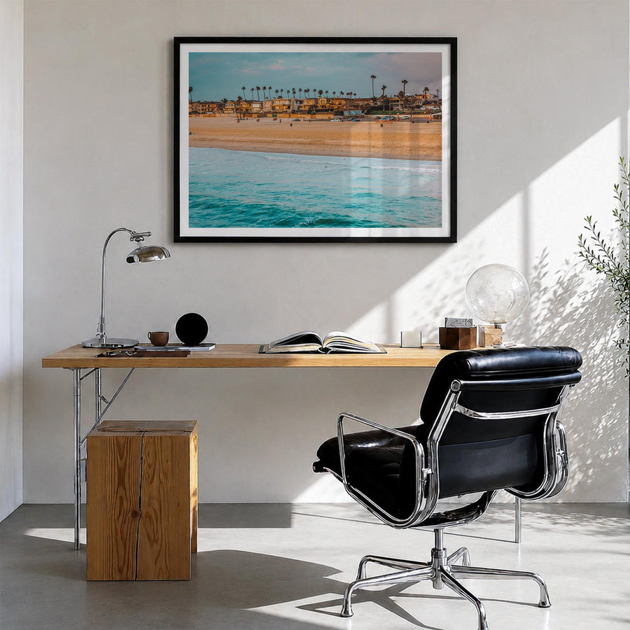 Seal Beach colorful photo poster of California, USA – horizontal wall art in black wood frame with white border, hanging on w
