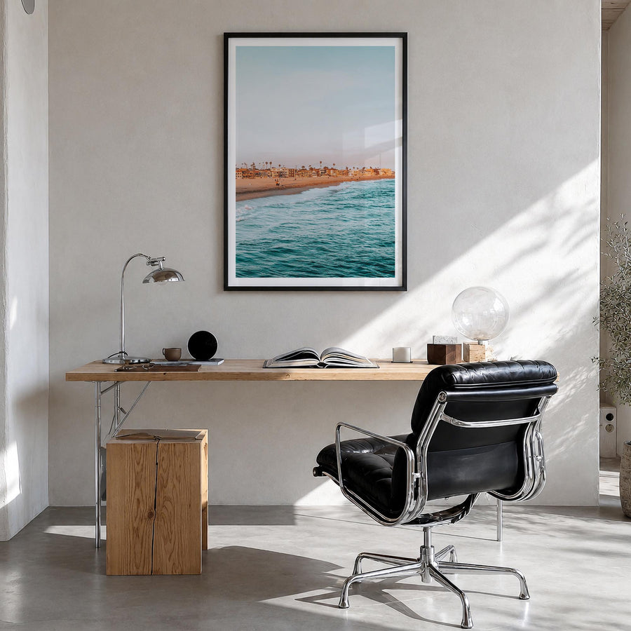 Seal Beach colorful photo poster of California, USA – vertical wall art in black wood frame with white border, hanging on wal