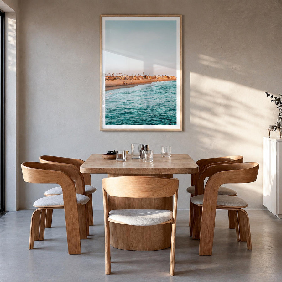 Seal Beach colorful photo poster of California, USA – vertical wall art in natural wood frame with white border, hanging on w