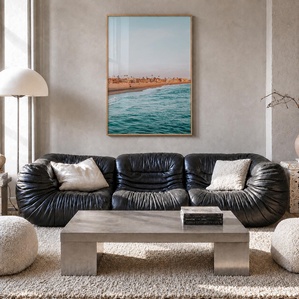 Seal Beach colorful photo poster of California, USA – vertical wall art in natural wood frame, hanging on wall