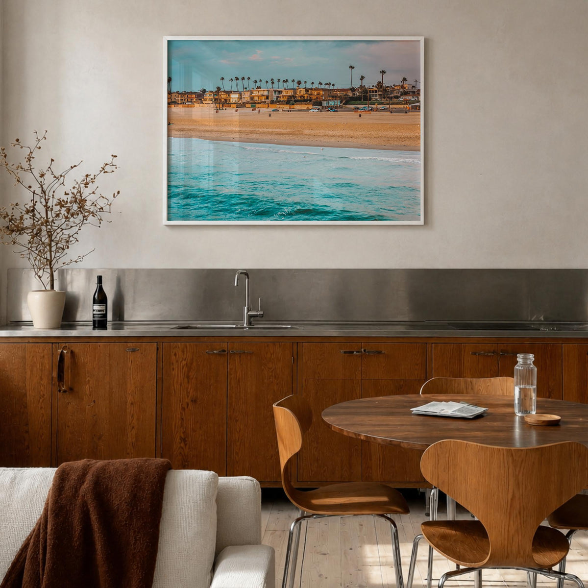 Seal Beach colorful photo poster of California, USA – horizontal wall art in white wood frame, hanging on wall