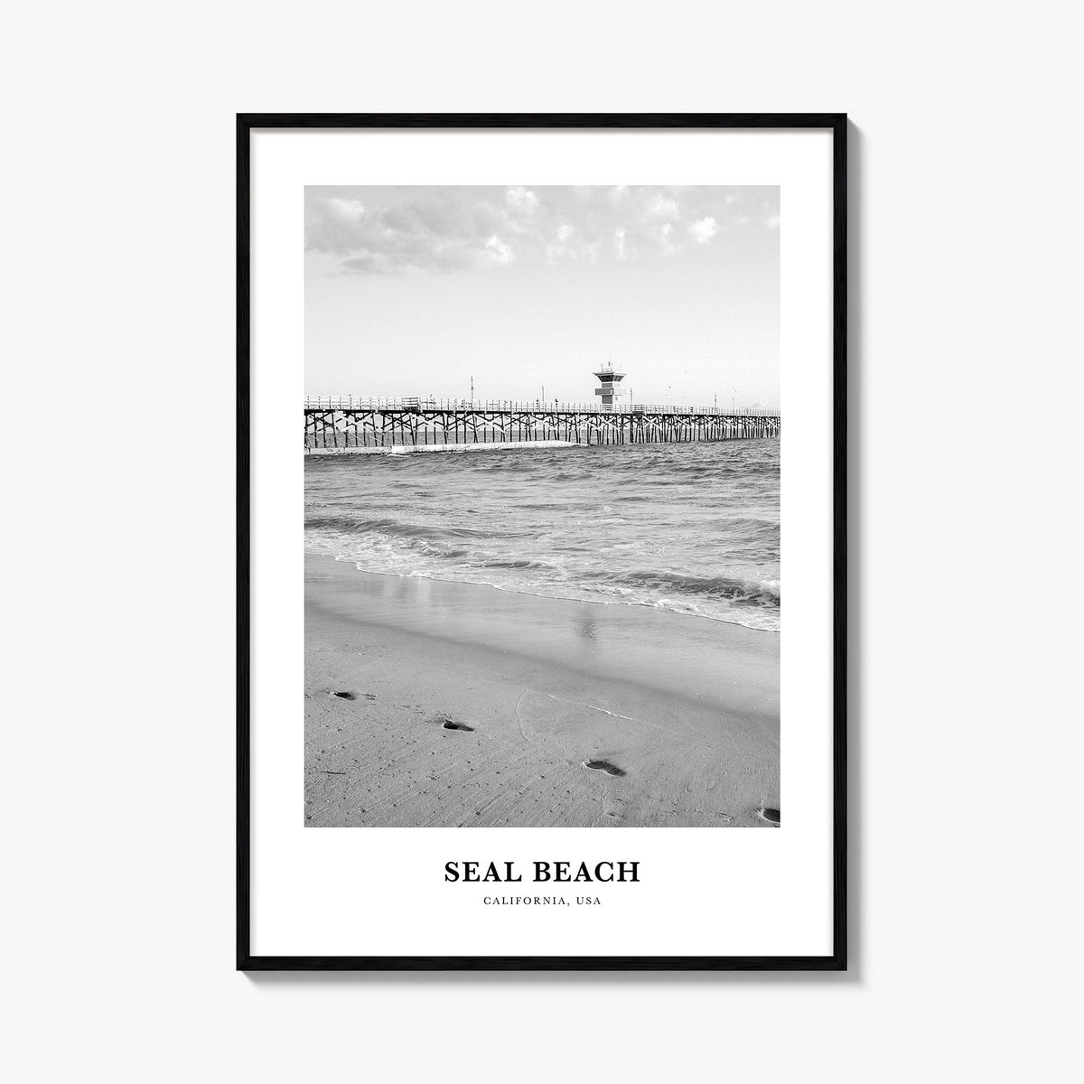 Seal Beach no. 1 black & white classic poster of California, USA – vertical wall art, unframed print shown in interior mockup