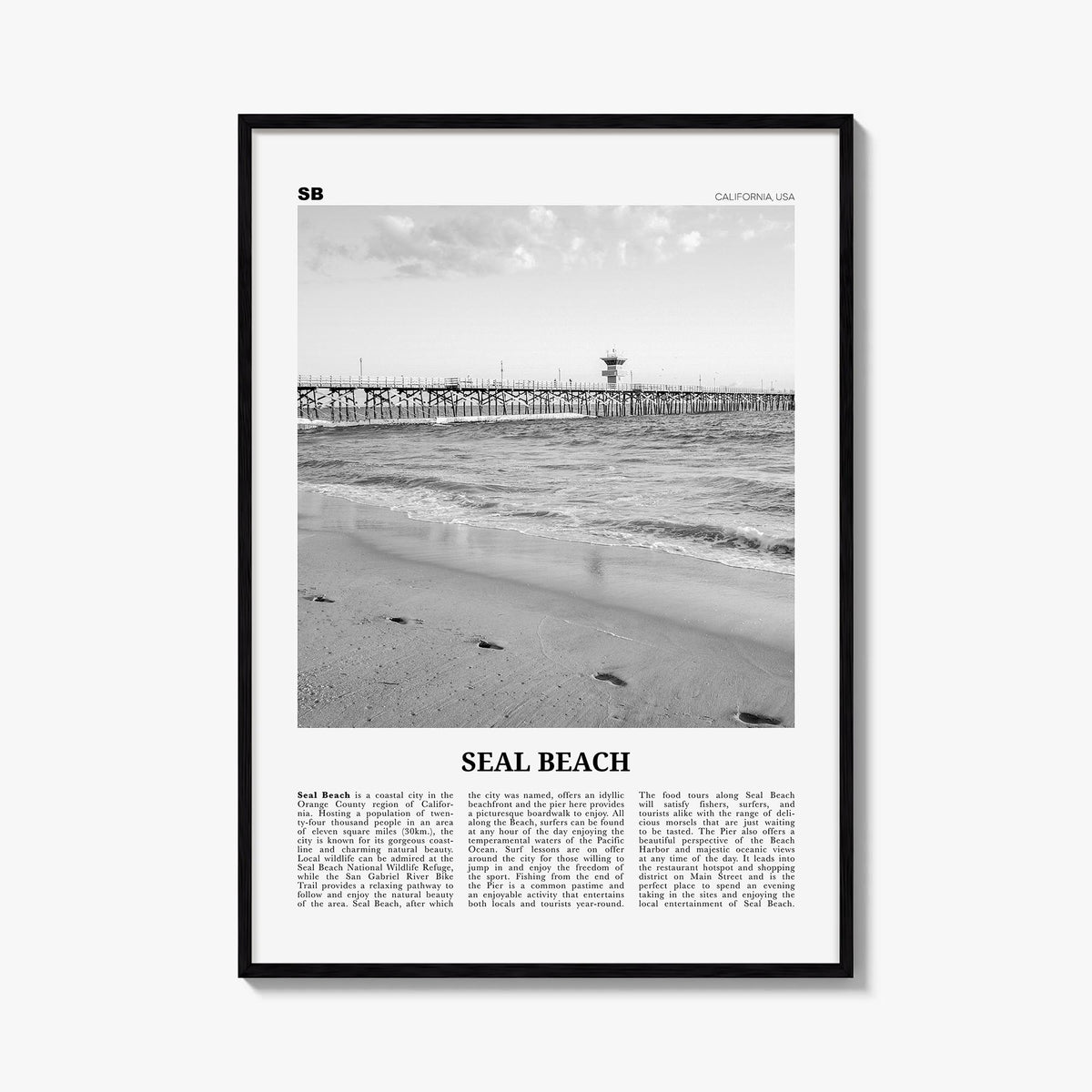 Seal Beach no. 1 black & white newspaper poster of California, USA – vertical wall art, unframed print shown in interior mock
