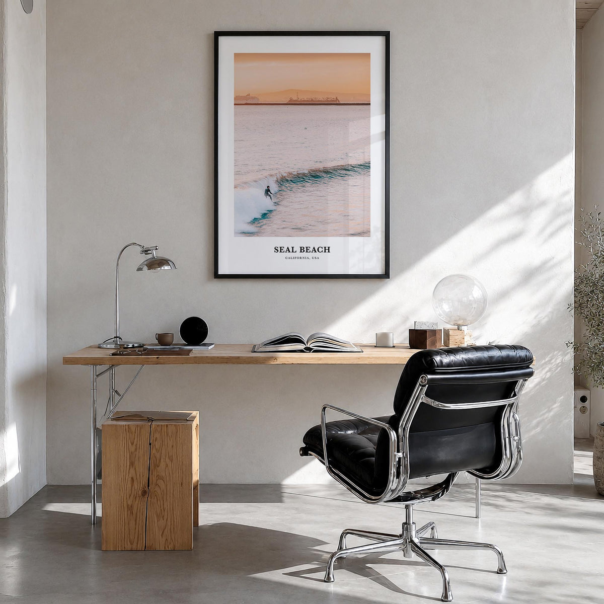 Seal Beach no. 1 colorful classic poster of California, USA – vertical wall art in black wood frame, hanging on wall