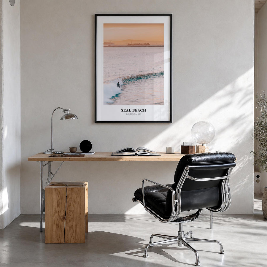 Seal Beach no. 1 colorful classic poster of California, USA – vertical wall art in black wood frame, hanging on wall