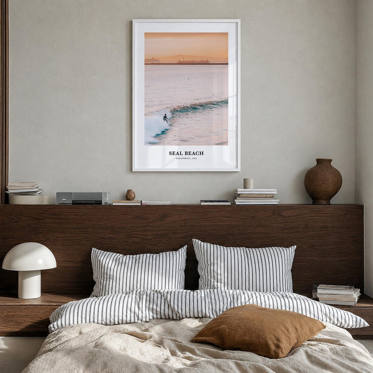 Seal Beach no. 1 colorful classic poster of California, USA – vertical wall art in white wood frame, hanging on wall