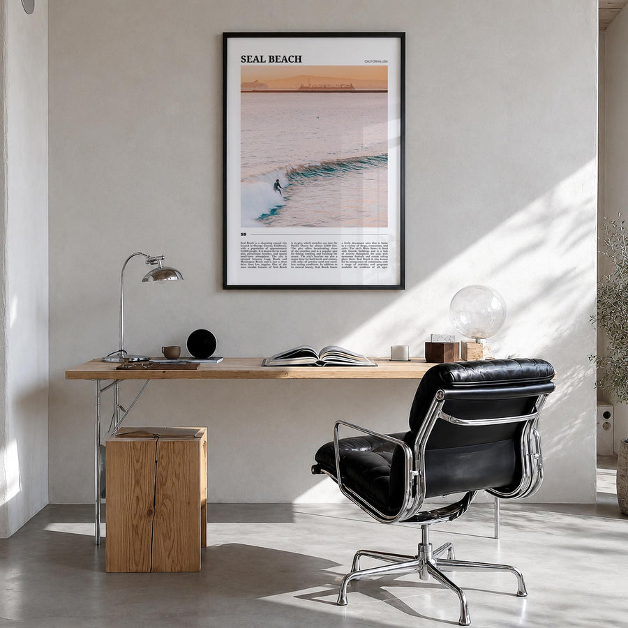 Seal Beach no. 1 colorful travel poster of California, USA – vertical wall art in black wood frame, hanging on wall