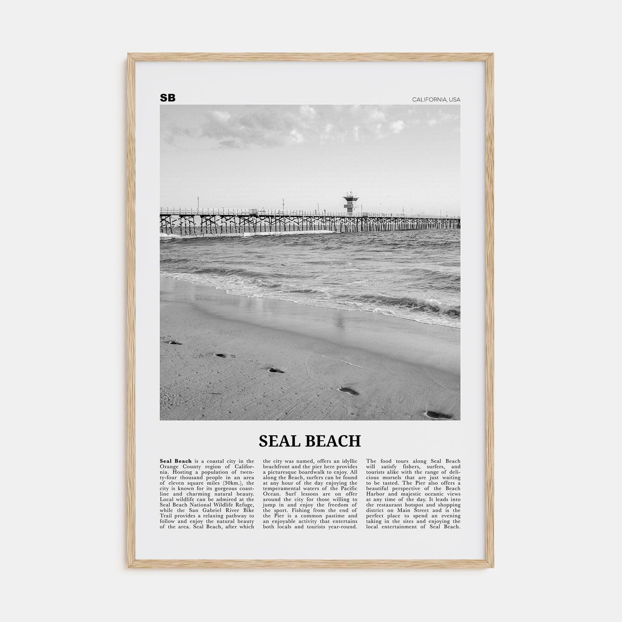 Seal Beach No 1 Poster Natural Wood / 8x12 in Nbourhood Travel B&W Poster