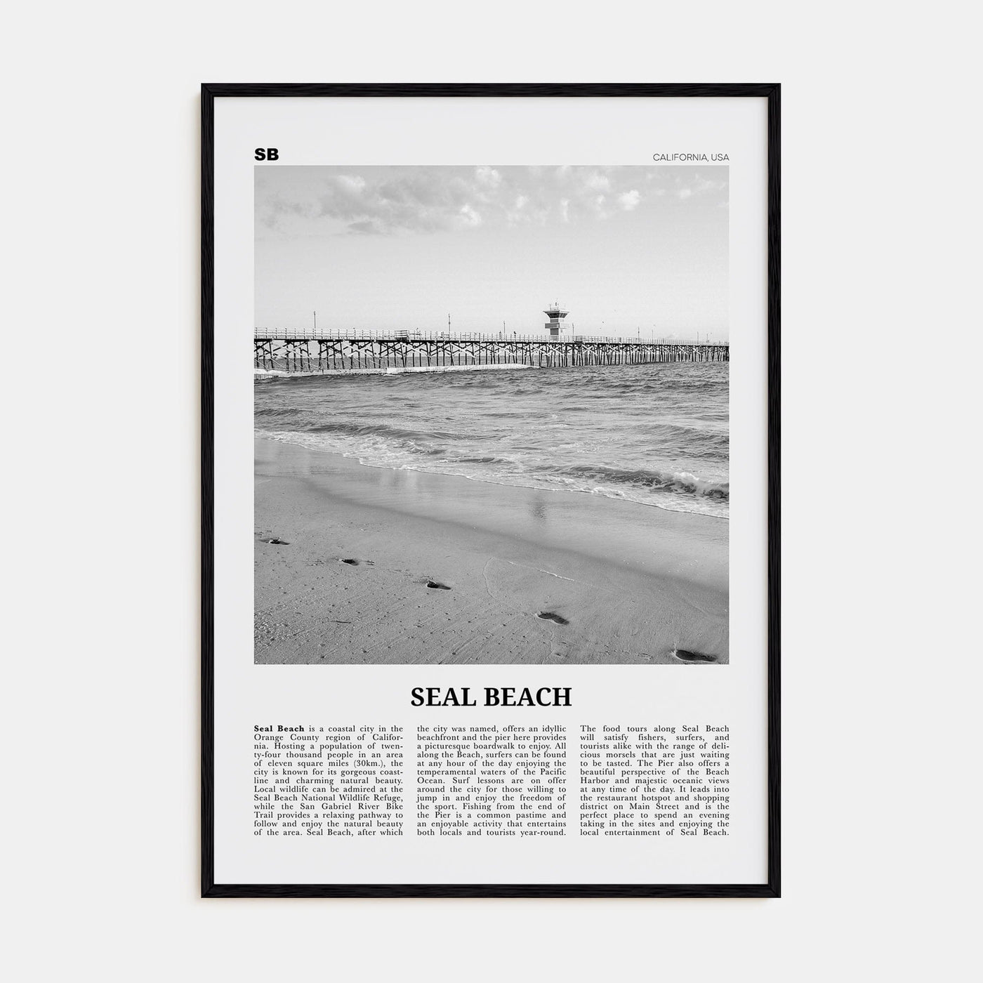 Seal Beach No 1 Poster Black Wood / 8x12 in Nbourhood Travel B&W Poster