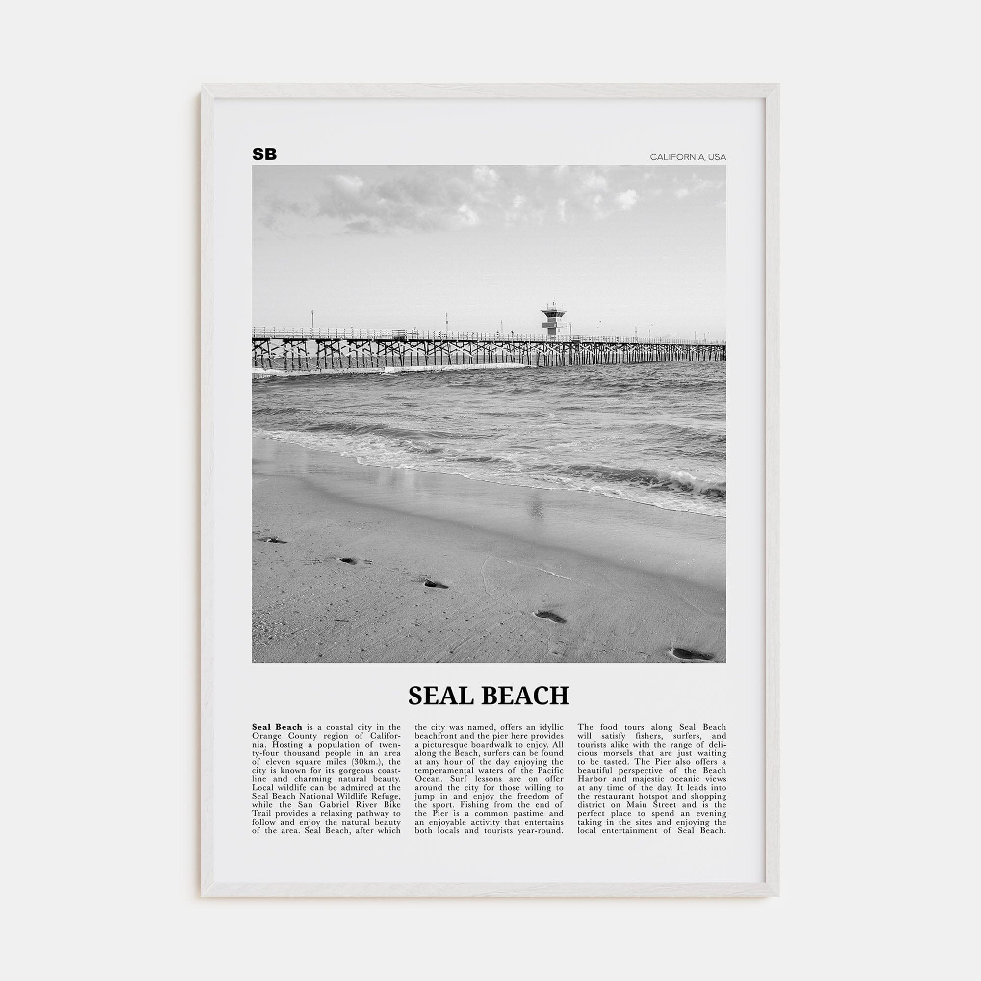 Seal Beach No 1 Poster White Wood / 8x12 in Nbourhood Travel B&W Poster