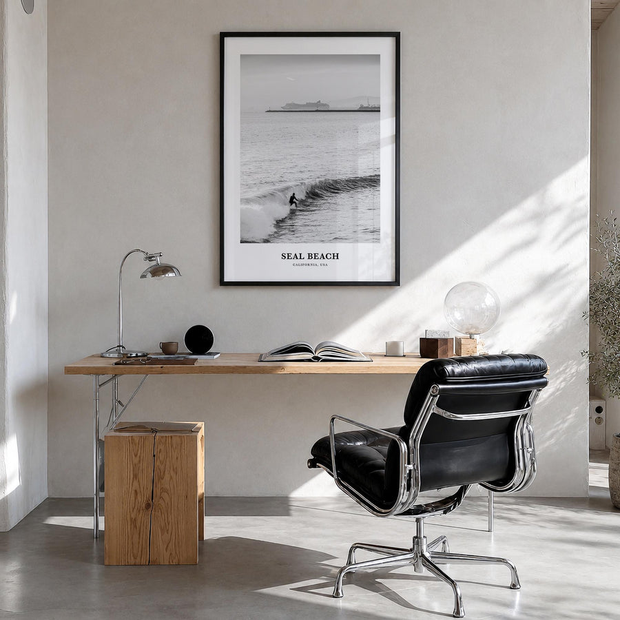 Seal Beach no. 2 black & white classic poster of California, USA – vertical wall art in black wood frame, hanging on wall
