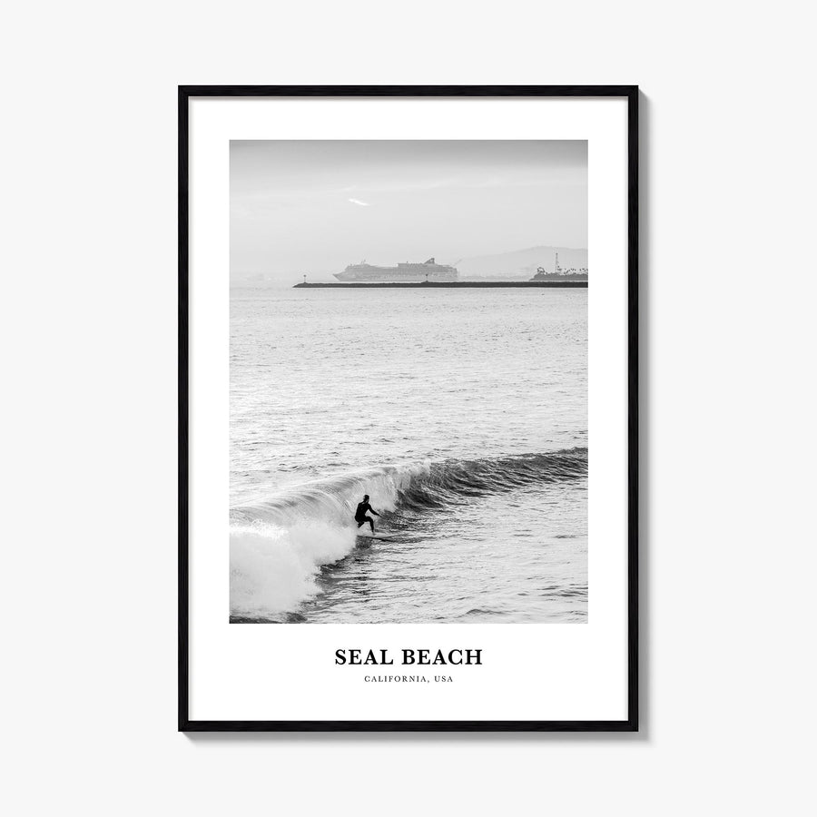 Seal Beach no. 2 black & white classic poster of California, USA – vertical wall art, unframed print shown in interior mockup