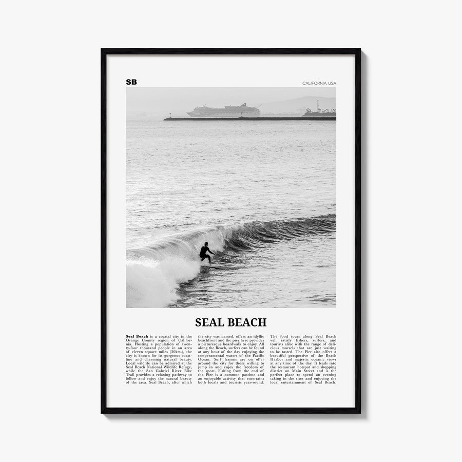 Seal Beach no. 2 black & white newspaper poster of California, USA – vertical wall art, unframed print shown in interior mock