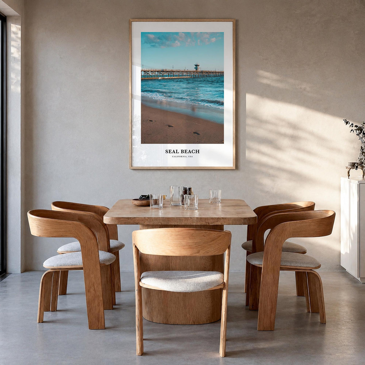Seal Beach no. 2 colorful classic poster of California, USA – vertical wall art in natural wood frame, hanging on wall