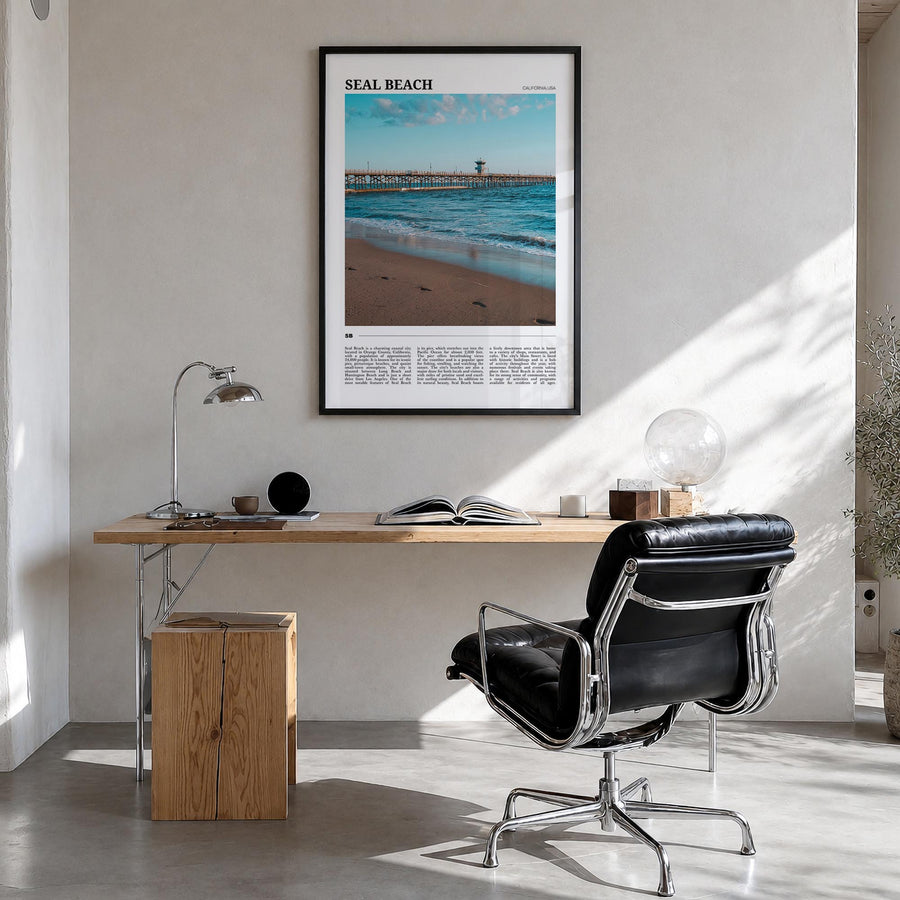Seal Beach no. 2 colorful travel poster of California, USA – vertical wall art in black wood frame, hanging on wall