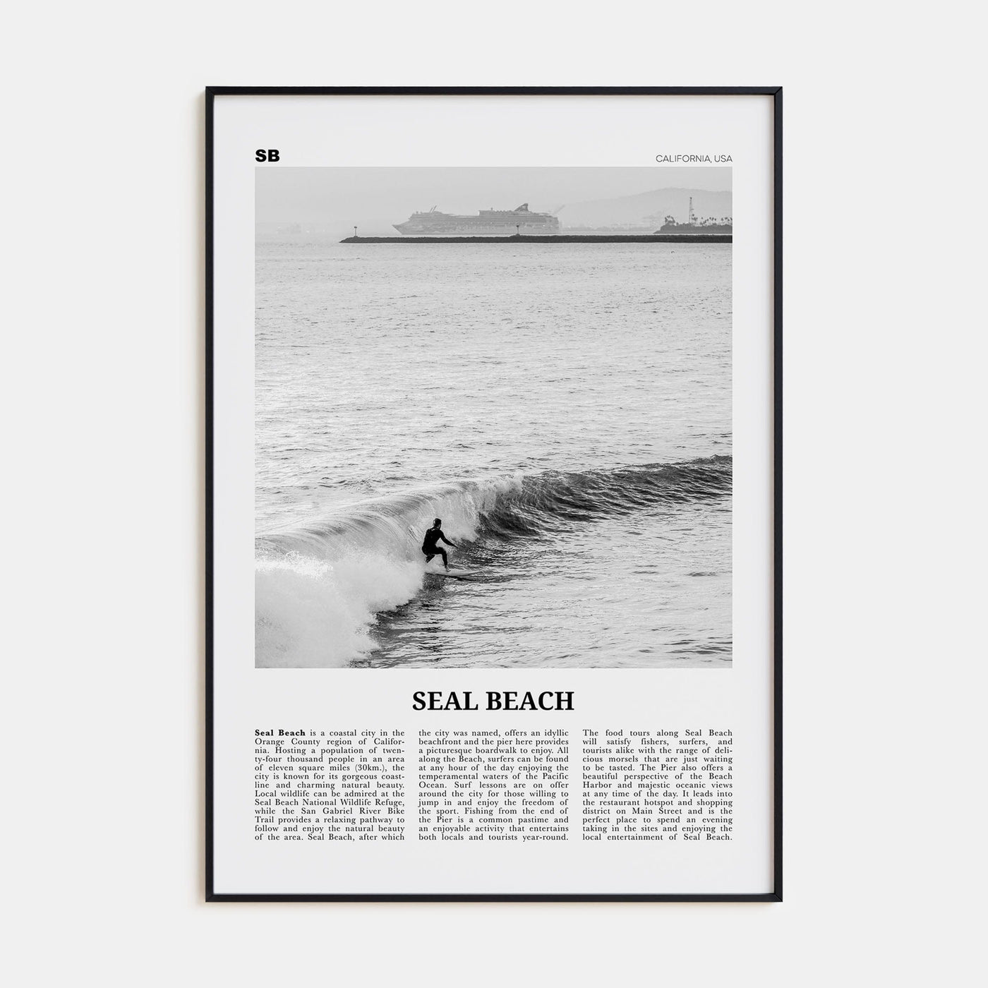 Seal Beach No 2 Poster Black Metal / 8x12 in Nbourhood Travel B&W Poster