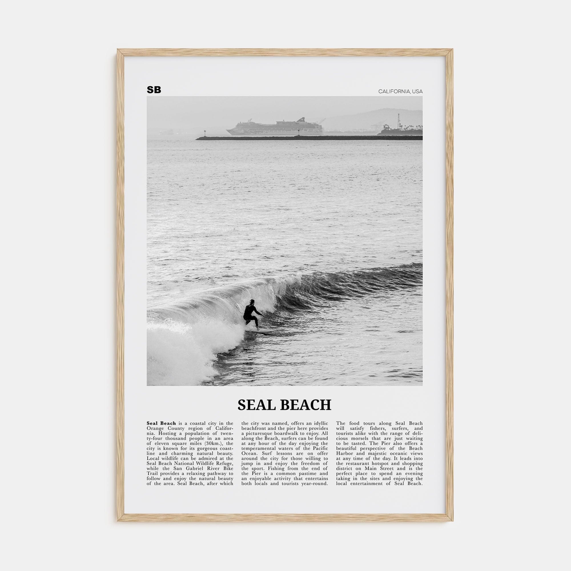 Seal Beach No 2 Poster Natural Wood / 8x12 in Nbourhood Travel B&W Poster