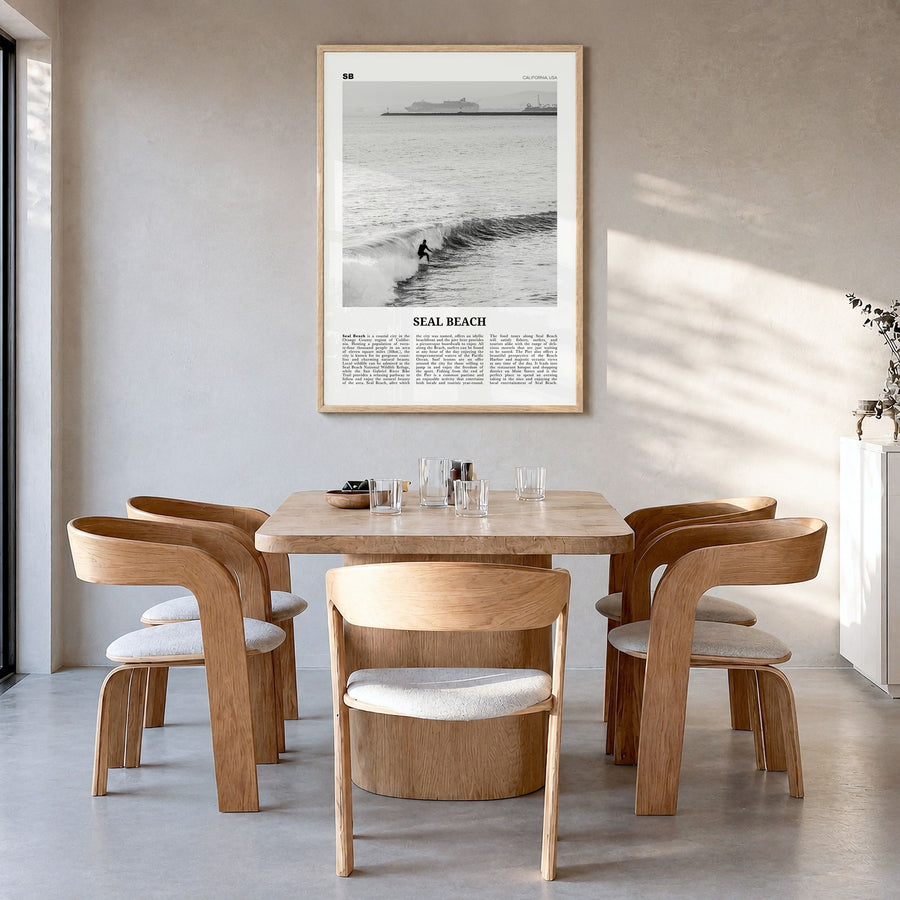 Seal Beach Newspaper No 2 Poster in a natural wood frame, hanging in a dining room