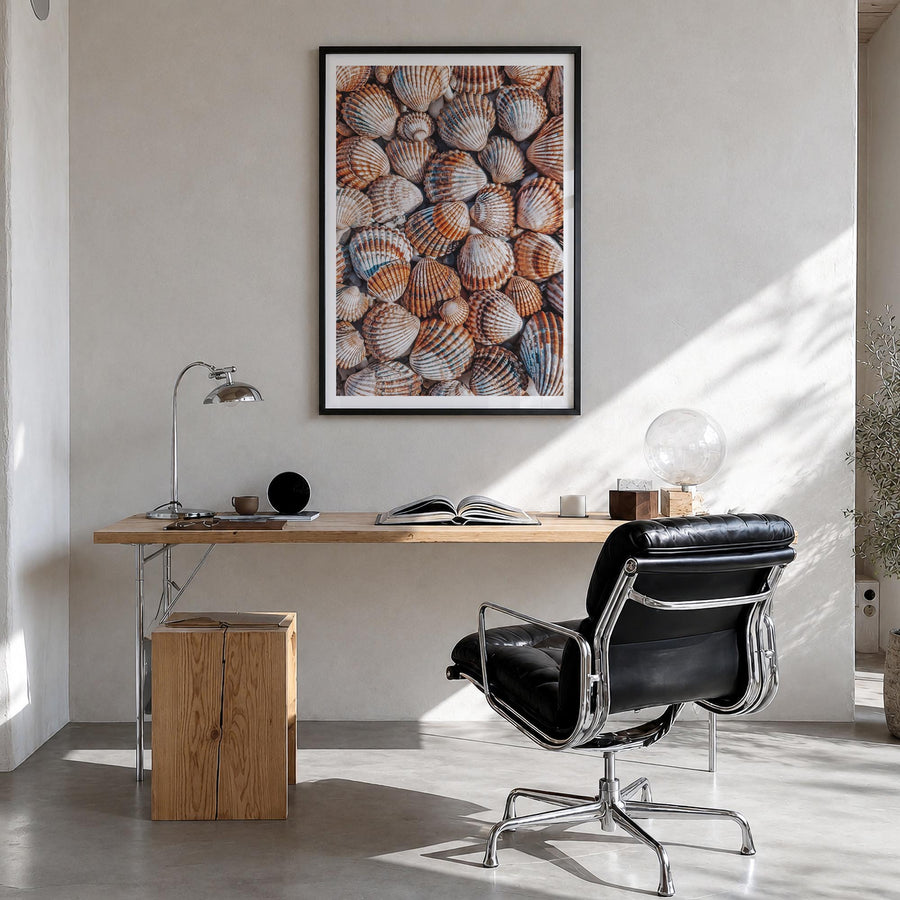 Seashells colorful photo poster – vertical wall art in black wood frame with white border, hanging on wall