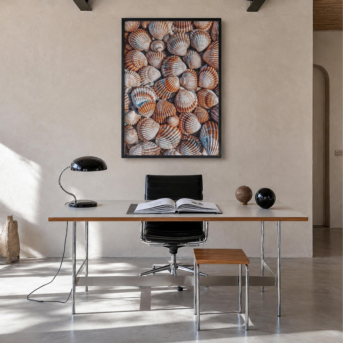 Seashells colorful photo poster – vertical wall art in black wood frame, hanging on wall