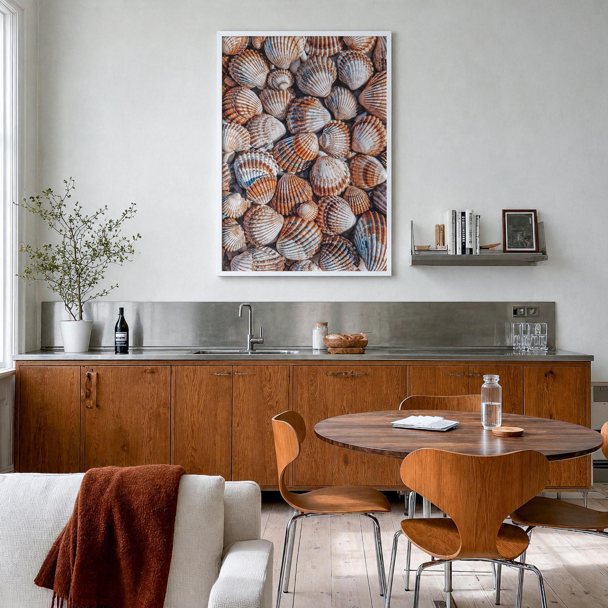 Seashells colorful photo poster – vertical wall art in white wood frame, hanging on wall