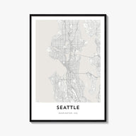 Seattle black & white map poster of Washington, USA – vertical wall art, unframed print shown in interior mockup