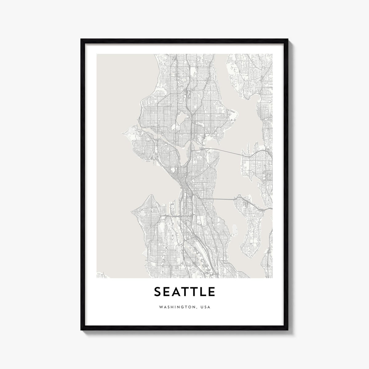 Seattle black & white map poster of Washington, USA – vertical wall art, unframed print shown in interior mockup
