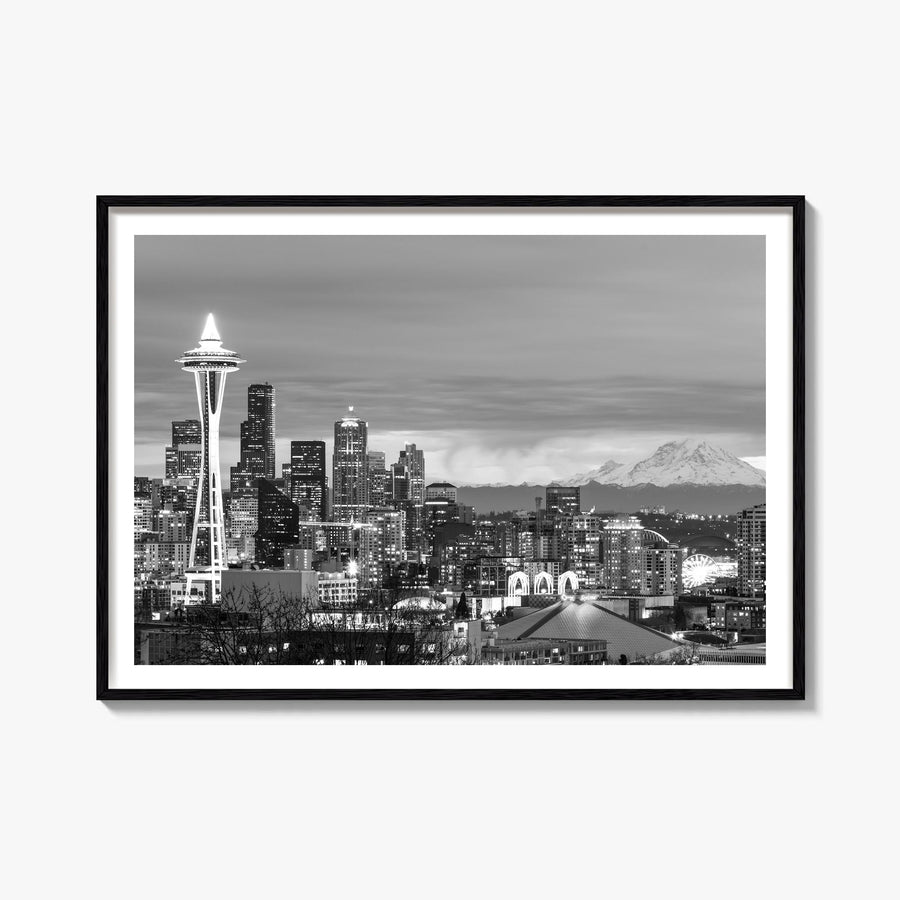 Seattle black & white photo poster of Washington, USA – horizontal wall art, unframed print shown in interior mockup