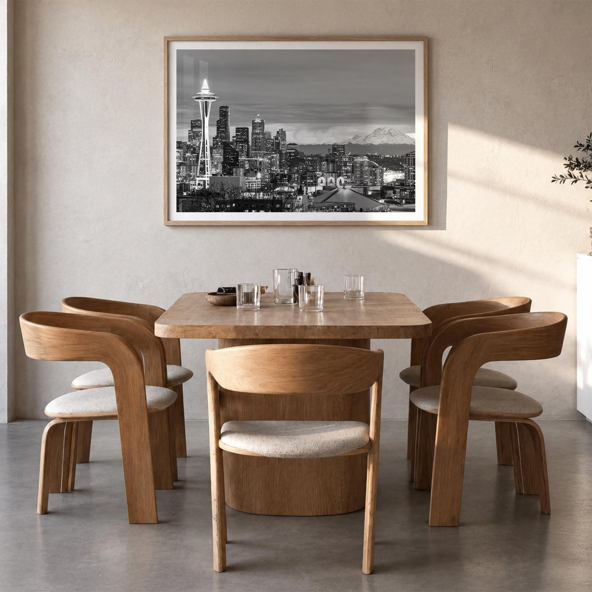 Seattle black & white photo poster of Washington, USA – horizontal wall art in natural wood frame with white border, hanging 
