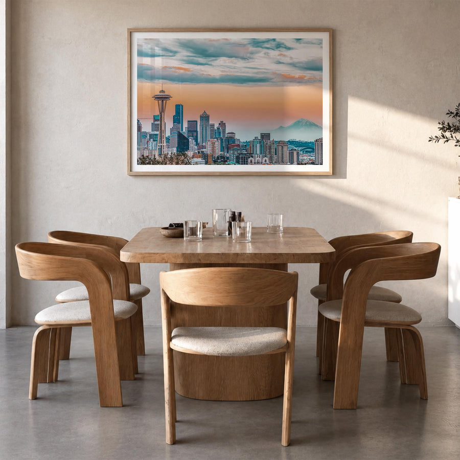 Seattle colorful photo poster of Washington, USA – horizontal wall art in natural wood frame with white border, hanging on wa