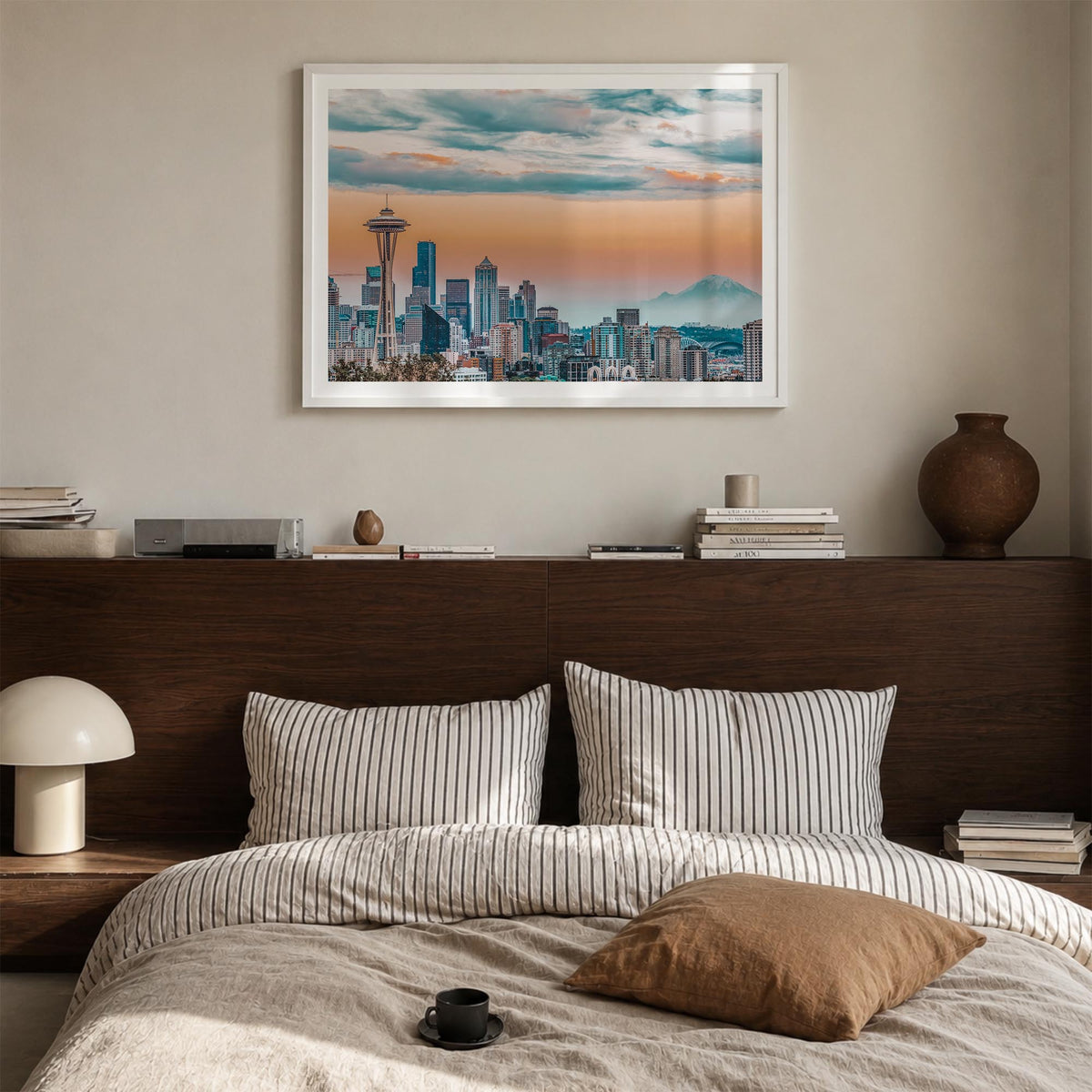 Seattle colorful photo poster of Washington, USA – horizontal wall art in white wood frame with white border, hanging on wall