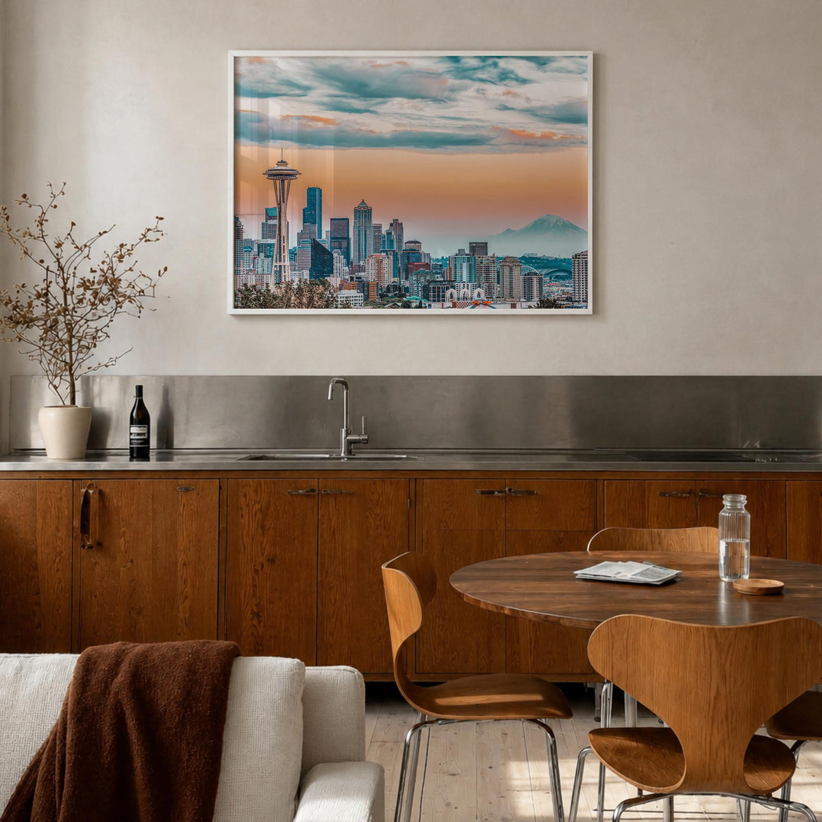 Seattle colorful photo poster of Washington, USA – horizontal wall art in white wood frame, hanging on wall