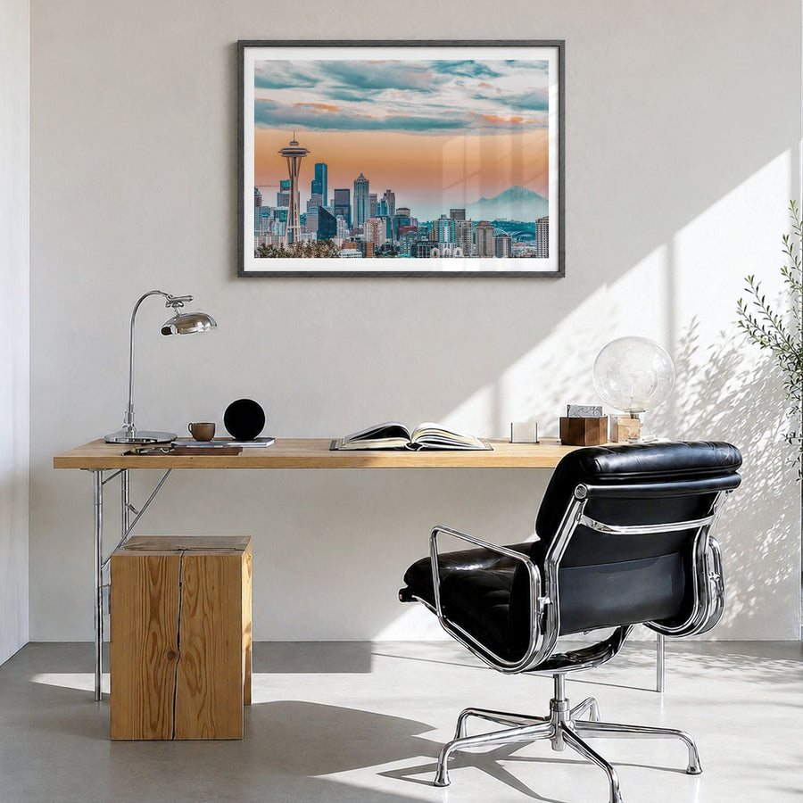 Seattle Photo Poster in a black wood frame, hanging in a bright home office, white border