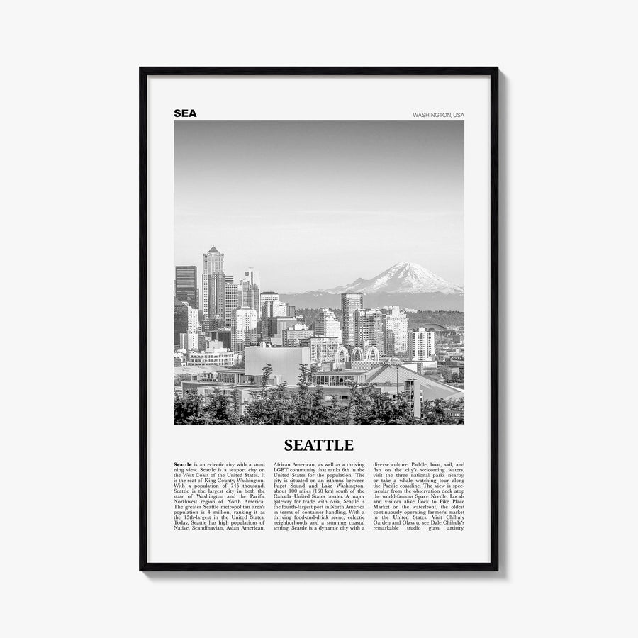 Seattle no. 1 black & white newspaper poster of Washington, USA – vertical wall art, unframed print shown in interior mockup