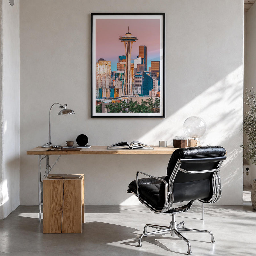 Seattle no. 1 colorful photo poster of Washington, USA – vertical wall art in black wood frame with white border, hanging on 