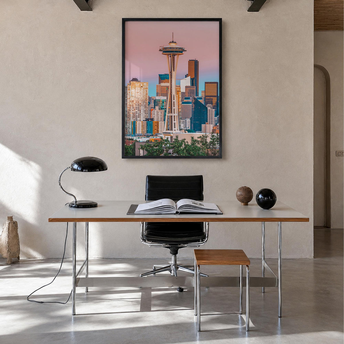 Seattle no. 1 colorful photo poster of Washington, USA – vertical wall art in black wood frame, hanging on wall