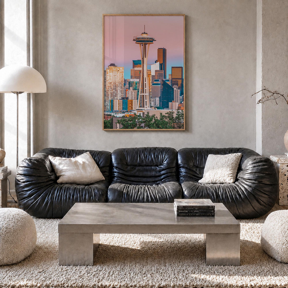 Seattle no. 1 colorful photo poster of Washington, USA – vertical wall art in natural wood frame, hanging on wall