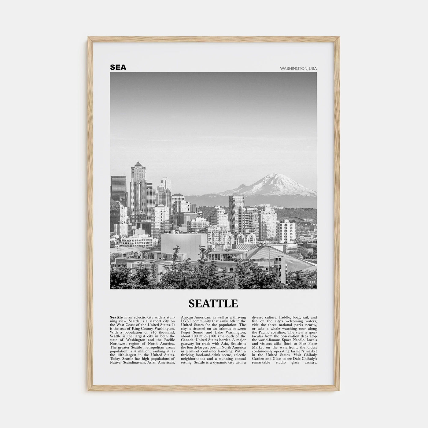 Seattle No 1 Poster Natural Wood / 8x12 in Nbourhood Travel B&W Poster