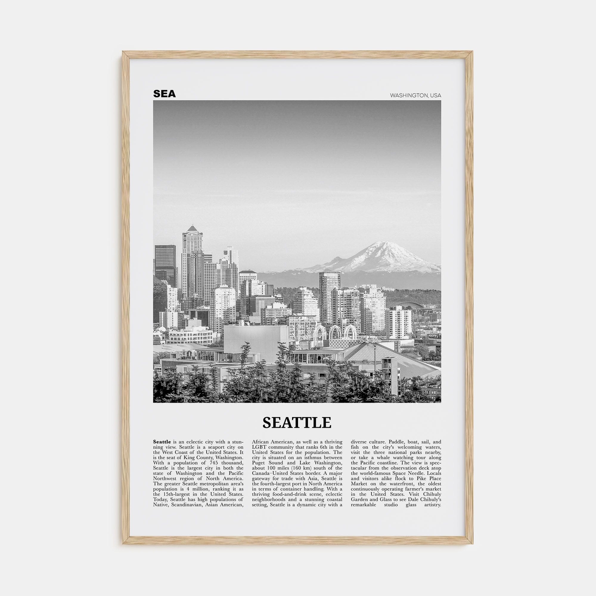 Seattle No 1 Poster Natural Wood / 8x12 in Nbourhood Travel B&W Poster