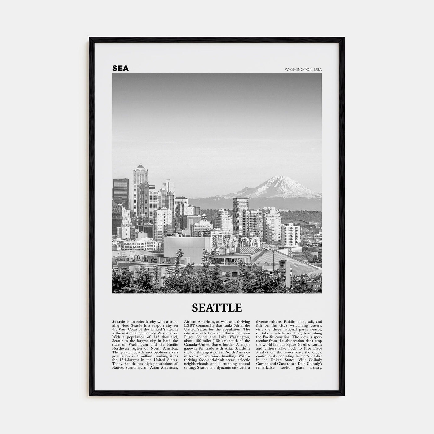 Seattle No 1 Poster Black Wood / 8x12 in Nbourhood Travel B&W Poster